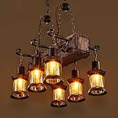 ieftine Lumini pandantive-55cm led lung retro bandă candelabru din lemn cu sticlă umbră funie 6 capete pandantiv lumini albe calde corp de iluminat decorativ retro rustic antic plafon ac110v ac220v