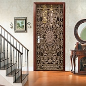 abordables Pegatinas para puertas-Pegatinas de puerta creativas autoadhesivas de puerta de hierro forjado dorado, pegatinas de pared impermeables decorativas diy para el hogar, 77*200cm para dormitorio y sala de estar