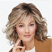 abordables perruque plus âgée-perruques blondes pour femmes perruque synthétique bouclée avec une frange perruque courte cheveux synthétiques brun clair design à la mode pour femmes classique cool brun clair