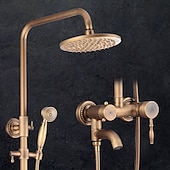 economico Rubinetti doccia-set di rubinetti per sistema doccia 8 &quot;soffione dorato, kit combinato stile vintage a pioggia con doccetta a mano a parete, montaggio esterno in ottone antico country rubinetteria per vasca da bagno con valvola in ceramica