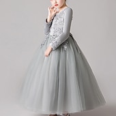 preiswerte Kleider für die Blumenmädchen-Blumenmädchenkleid Mädchen Kleid Prinzessinenkleid Party Kleid Formal Hochzeit Party Elegant Kuschelig Ausgefallene Kindertag Gitter Blumen Langarm Rundhalsausschnitt Beige Weiß