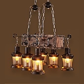 ieftine Lumini pandantive-55cm led lung retro bandă candelabru din lemn cu sticlă umbră funie 6 capete pandantiv lumini albe calde corp de iluminat decorativ retro rustic antic plafon ac110v ac220v