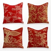 baratos Capa de almofada de férias-Capa de almofada de ouro vermelho estilo chinês 4 peças capa de almofada quadrada macia fronha de linho falso fronha para sofá quarto 45 x 45 cm (18 x 18 polegadas) mashine de qualidade superior