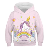 preiswerte Mädchen 3D Cartoon-Kinder Mädchen Einhorn rosa Kapuzenpullover und Sweatshirt 3D-Druck Oberteile Langarm Regenbogenherz sportlich errötend rosa Kinderoberteile aktiv süß