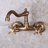 cheap Wall Mount-Art Deco Antique Brass Sprinkle Sink Faucets,  Wall Mount Two Handles Two Holes Kitchen Faucet with Hot and Cold Water Switch