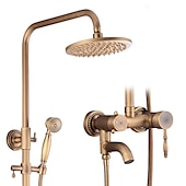 economico Rubinetti doccia-set di rubinetti per sistema doccia 8 &quot;soffione dorato, kit combinato stile vintage a pioggia con doccetta a mano a parete, montaggio esterno in ottone antico country rubinetteria per vasca da bagno con valvola in ceramica