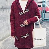 tanie męski sweter rozpinany-Męskie Sweter Sweter rozpinany Robić na drutach Długie Guzik Pasek Jednokolorowe Kaptur Elegancki Codzienny Odzież Zima Jesień Wino Khaki M L XL