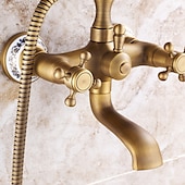 cheap Bathtub Faucets-Bathroom Sink Faucet,Brass Telephone Shape Wall Installation Widespread Pull-out Country Style Electroplated Copper Finish Two Handles Bathtub Faucet with Handshower and Drain