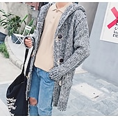 tanie męski sweter rozpinany-Męskie Sweter Sweter rozpinany Robić na drutach Długie Guzik Pasek Jednokolorowe Kaptur Elegancki Codzienny Odzież Zima Jesień Wino Khaki M L XL