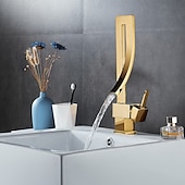 cheap Classical-Waterfall Bathroom Sink Mixer Faucet, 360 Rotating Basin Vessel Tap Single Handle Irregular Creative Design Brushed Nickel/Chrome/Matte Black/Golden Sink Tap with Hot and Cold Water Hose