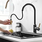 cheap Pullout Spray-Kitchen Sink Mixer Faucet Pull Out, 360 swivel Single Lever Handle Brushed Solid Brass Taps Cold Hot Hose, One Hole with Pull Down Sprayer Black Gold Faucets
