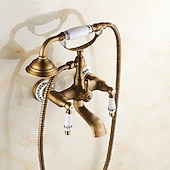 cheap Bathtub Faucets-Bathroom Sink Faucet,Brass Telephone Shape Wall Installation Widespread Pull-out Country Style Electroplated Copper Finish Two Handles Bathtub Faucet with Handshower and Drain