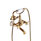 cheap Bathtub Faucets-Bathroom Sink Faucet,Brass Telephone Shape Wall Installation Widespread Pull-out Country Style Electroplated Copper Finish Two Handles Bathtub Faucet with Handshower and Drain