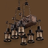 ieftine Lumini pandantive-55cm led lung retro bandă candelabru din lemn cu sticlă umbră funie 6 capete pandantiv lumini albe calde corp de iluminat decorativ retro rustic antic plafon ac110v ac220v