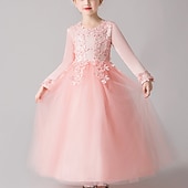 preiswerte Kleider für die Blumenmädchen-Blumenmädchenkleid Mädchen Kleid Prinzessinenkleid Party Kleid Formal Hochzeit Party Elegant Kuschelig Ausgefallene Kindertag Gitter Blumen Langarm Rundhalsausschnitt Beige Weiß