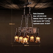 ieftine Lumini pandantive-55cm led lung retro bandă candelabru din lemn cu sticlă umbră funie 6 capete pandantiv lumini albe calde corp de iluminat decorativ retro rustic antic plafon ac110v ac220v