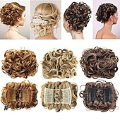 economico Clip nelle estensioni-piatto corto riccio disordinato estensione per chignon pettini per capelli elasticizzati facili clip in vassoio chignon posticci coda di cavallo - dal marrone scuro al ramato chiaro