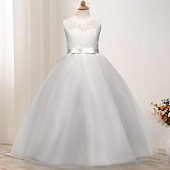 preiswerte Kleider für die Blumenmädchen-kinderkleidung Mädchen Blumenmädchen Kleid Kleid Ärmellos Hochzeit Party Spitze Gitter Kuschelig Polyester Maxi Blumenmädchenkleid Buntes Lila Farbpulver Weiß