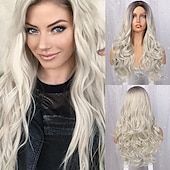 economico Parrucche sintetiche-parrucche grigie per le donne parrucche sintetiche lunghe ondulate parrucche ondulate lunghe d&#039;acqua parrucche ombre grigio biondo rosso parte centrale parrucche cosplay parrucche per feste di natale