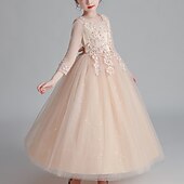 preiswerte Kleider für die Blumenmädchen-kinderkleidung Mädchen Blumenmädchen Kleid Kleid Blumen Langarm Hochzeit Party Gitter Kuschelig Polyester Maxi Tüll-Kleid Blumenmädchenkleid Weiß Rosa Gold