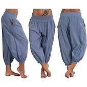 levne Hladké bavlněné plátěné kalhoty-dámské kalhoty na jógu boční kapsy harémové kalhoty capri kalhoty spodky rychleschnoucí odvod vlhkosti lehký hippie boho světle modrý mandarinkový prášek bílý fitness posilovna cvičení pilates léto