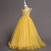 preiswerte Partykleider-Kinder Mädchen bestickte Blumen Kleid Party Hochzeit Urlaub Pailletten Mesh grün blau lila Baumwolle Maxi Kurzarm elegant Prinzessin süß Kleider Sommer Regular Fit 4-13 Jahre