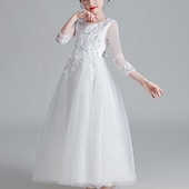 preiswerte Kleider für die Blumenmädchen-kinderkleidung Mädchen Blumenmädchen Kleid Kleid Blumen Langarm Hochzeit Party Gitter Kuschelig Polyester Maxi Tüll-Kleid Blumenmädchenkleid Weiß Rosa Gold