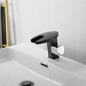 お買い得  クラシカル-浴室の流しの蛇口、導かれた滝の温度によって制御される 3 色の電気めっきされたセンターセットの単一のハンドル 1 つの穴の浴室の蛇口