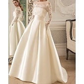 abordables robes de mariée décontractées-Robe de mariage vintage 1940s  1950s formelle A-Line en satin avec illusions manches longues longueurs au sol avec plis et perles