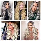 economico Parrucche sintetiche-parrucche grigie per le donne parrucche sintetiche lunghe ondulate parrucche ondulate lunghe d&#039;acqua parrucche ombre grigio biondo rosso parte centrale parrucche cosplay parrucche per feste di natale