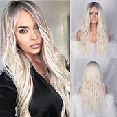 economico Parrucche sintetiche-parrucche grigie per le donne parrucche sintetiche lunghe ondulate parrucche ondulate lunghe d&#039;acqua parrucche ombre grigio biondo rosso parte centrale parrucche cosplay parrucche per feste di natale