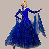 voordelige Ballroom danskleding-Ballroomdansen Kleding Borduurwerk Appliqués Kristallen / Bergkristallen Dames Opleiding Prestatie Lange mouw Organza Synthetische zijde