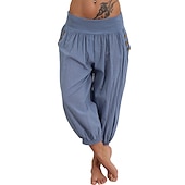 levne Hladké bavlněné plátěné kalhoty-dámské kalhoty na jógu boční kapsy harémové kalhoty capri kalhoty spodky rychleschnoucí odvod vlhkosti lehký hippie boho světle modrý mandarinkový prášek bílý fitness posilovna cvičení pilates léto