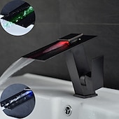cheap LED Faucets-Bathroom Faucet LED Waterfall Spout 3 Color Changes with Temperature, Sink Mixer Mono Basin Taps, Single Handle One Hole Brass Washroom Vessel Tap Deck Mounted