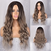 economico Parrucche sintetiche-parrucche grigie per le donne parrucche sintetiche lunghe ondulate parrucche ondulate lunghe d&#039;acqua parrucche ombre grigio biondo rosso parte centrale parrucche cosplay parrucche per feste di natale