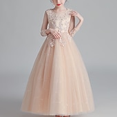 preiswerte Kleider für die Blumenmädchen-kinderkleidung Mädchen Blumenmädchen Kleid Kleid Blumen Langarm Hochzeit Party Gitter Kuschelig Polyester Maxi Tüll-Kleid Blumenmädchenkleid Weiß Rosa Gold