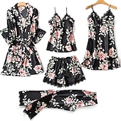 cheap Women&#039;s Sleepwear-Women&#039;s Lace Silk Satin Pajama Sets 5Pcs Cami Top Nightgown Lace Night Robe Sexy Sleepwear Robe Sets Nightdress With Chest Pads Home Outfits