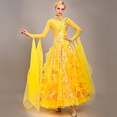 voordelige Ballroom danskleding-Ballroomdansen Kleding Borduurwerk Appliqués Kristallen / Bergkristallen Dames Opleiding Prestatie Lange mouw Organza Synthetische zijde