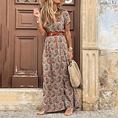 cheap Boho Dress-Women&#039;s Maxi long Dress Casual Dress Swing Dress Boho Dress Bohemia Vacation Boho Holiday Beach Weekend Regular Fit Paisley Print Boho Short Sleeve V Neck Black Red Brown Summer Spring