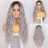 economico Parrucche sintetiche-parrucche grigie per le donne parrucche sintetiche lunghe ondulate parrucche ondulate lunghe d&#039;acqua parrucche ombre grigio biondo rosso parte centrale parrucche cosplay parrucche per feste di natale