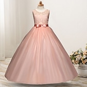 preiswerte Kleider für die Blumenmädchen-kinderkleidung Mädchen Blumenmädchen Kleid Kleid Ärmellos Hochzeit Party Spitze Gitter Kuschelig Polyester Maxi Blumenmädchenkleid Buntes Lila Farbpulver Weiß