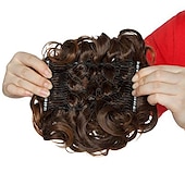 economico Clip nelle estensioni-piatto corto riccio disordinato estensione per chignon pettini per capelli elasticizzati facili clip in vassoio chignon posticci coda di cavallo - dal marrone scuro al ramato chiaro