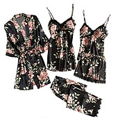 cheap Women&#039;s Sleepwear-Women&#039;s Lace Silk Satin Pajama Sets 5Pcs Cami Top Nightgown Lace Night Robe Sexy Sleepwear Robe Sets Nightdress With Chest Pads Home Outfits