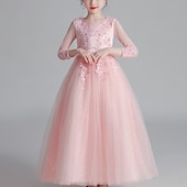 preiswerte Kleider für die Blumenmädchen-kinderkleidung Mädchen Blumenmädchen Kleid Kleid Blumen Langarm Hochzeit Party Gitter Kuschelig Polyester Maxi Tüll-Kleid Blumenmädchenkleid Weiß Rosa Gold