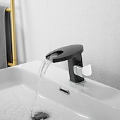 お買い得  クラシカル-浴室の流しの蛇口、導かれた滝の温度によって制御される 3 色の電気めっきされたセンターセットの単一のハンドル 1 つの穴の浴室の蛇口