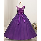 preiswerte Kleider für die Blumenmädchen-kinderkleidung Mädchen Blumenmädchen Kleid Kleid Ärmellos Hochzeit Party Spitze Gitter Kuschelig Polyester Maxi Blumenmädchenkleid Buntes Lila Farbpulver Weiß