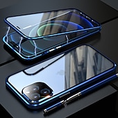 baratos Capas para iPhone-Capa para iPhone com Bumper de Metal de Vidro Temperado Duplo Lado Magnético – Capa Flip Clara para iPhone 16/15/14/13/12 Pro Max