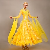 voordelige Ballroom danskleding-Ballroomdansen Kleding Borduurwerk Appliqués Kristallen / Bergkristallen Dames Opleiding Prestatie Lange mouw Organza Synthetische zijde