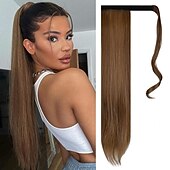 abordables Queue-de-cheval-Extensions de queue de cheval droites longues enroulées autour d&#039;un morceau de cheveux synthétiques clip dans les extensions de cheveux en queue de cheval cheveux synthétiques 28 pouces 150g