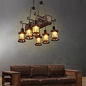 ieftine Lumini pandantive-55cm led lung retro bandă candelabru din lemn cu sticlă umbră funie 6 capete pandantiv lumini albe calde corp de iluminat decorativ retro rustic antic plafon ac110v ac220v